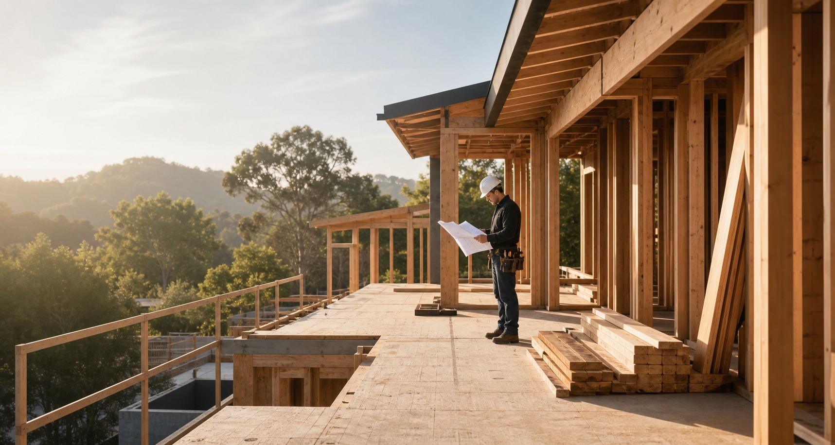 Residential builder reviewing plans beside the framing of a custom home